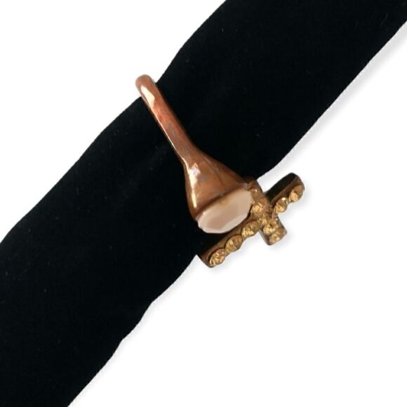 Brass Cross Open Ring Sz 5.5 or 6 Goth Handmade Rhinestone Victorian Religious - Picture 11 of 16